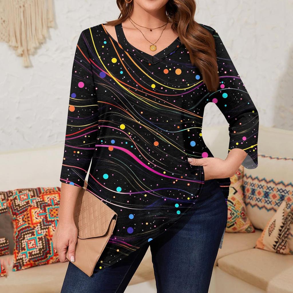Women's Print Plus Size Tops Hollow V Neck 3/4 Sleeve Shirt Elegant Casual Tops