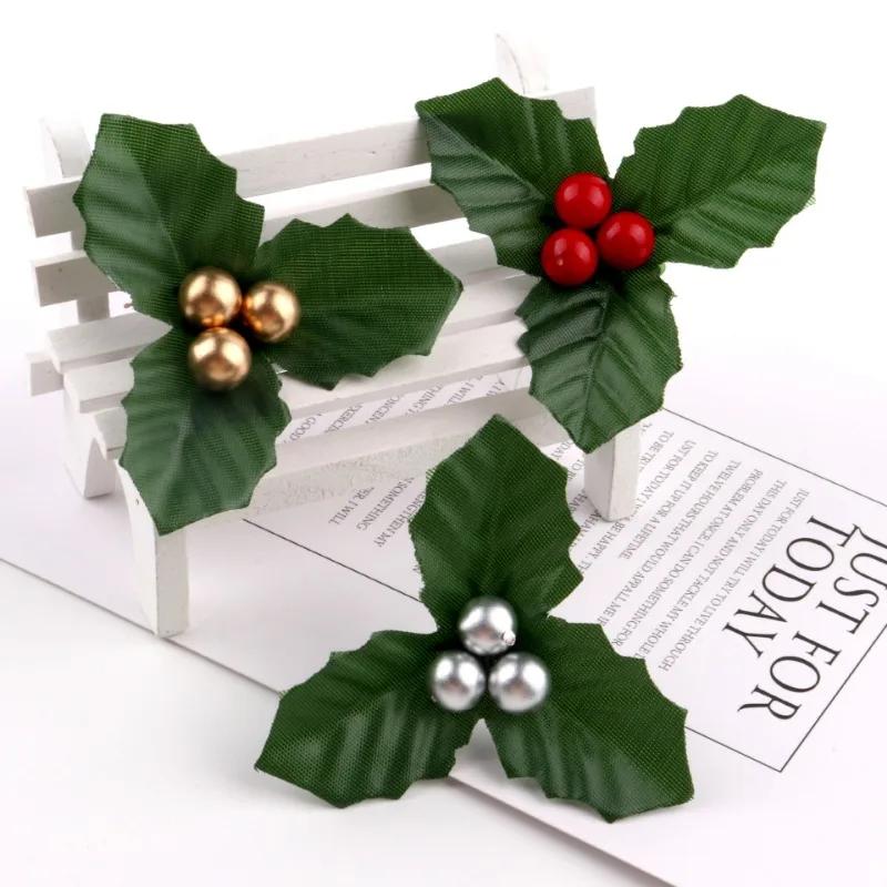 5/10PCS Christmas Artificial Holly Berries Cherry Little Fruits Green Leaves for Party Home Decoration Garland Wreath Ornaments