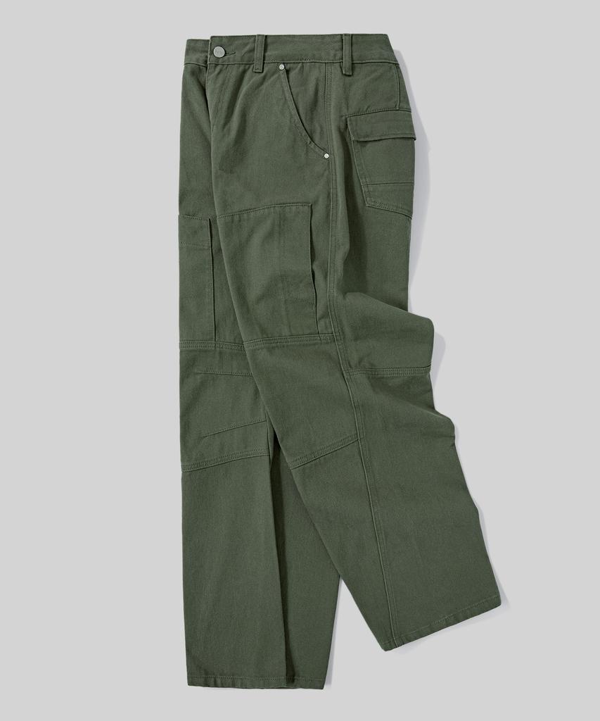 Beodeonteu Curved Cut Multi-Dart Wide Twill Pants [Khaki]