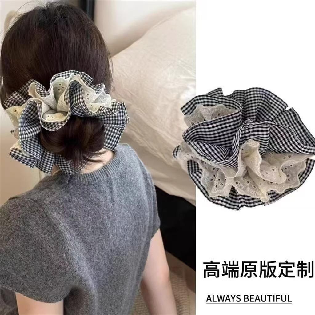 Damen Französischer Retro Doppellagiger Karomuster Spitze Großer Scrunchie Haargummi Pferdeschwanz Haargummi
