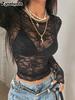 New Black Lace Mesh V-Neck Slim Fit Sexy Trousers Top for Women