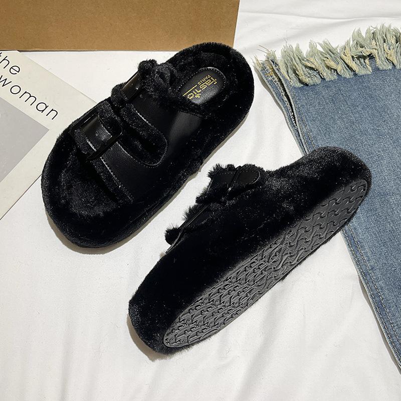 Fashion Korean Belt Buckle Designer Fur Slippers for Women Fashion Casual Autumn Winter Cotton Slippers Shoes Ladies