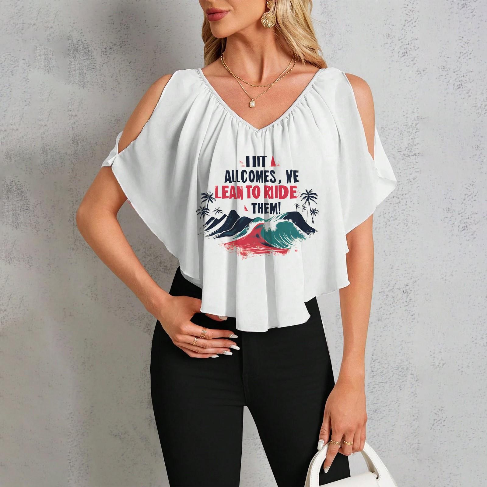 

Женская повседневная футболка с V-образным вырезом и открытыми плечами с гавайским принтом XXL тёмно-синий