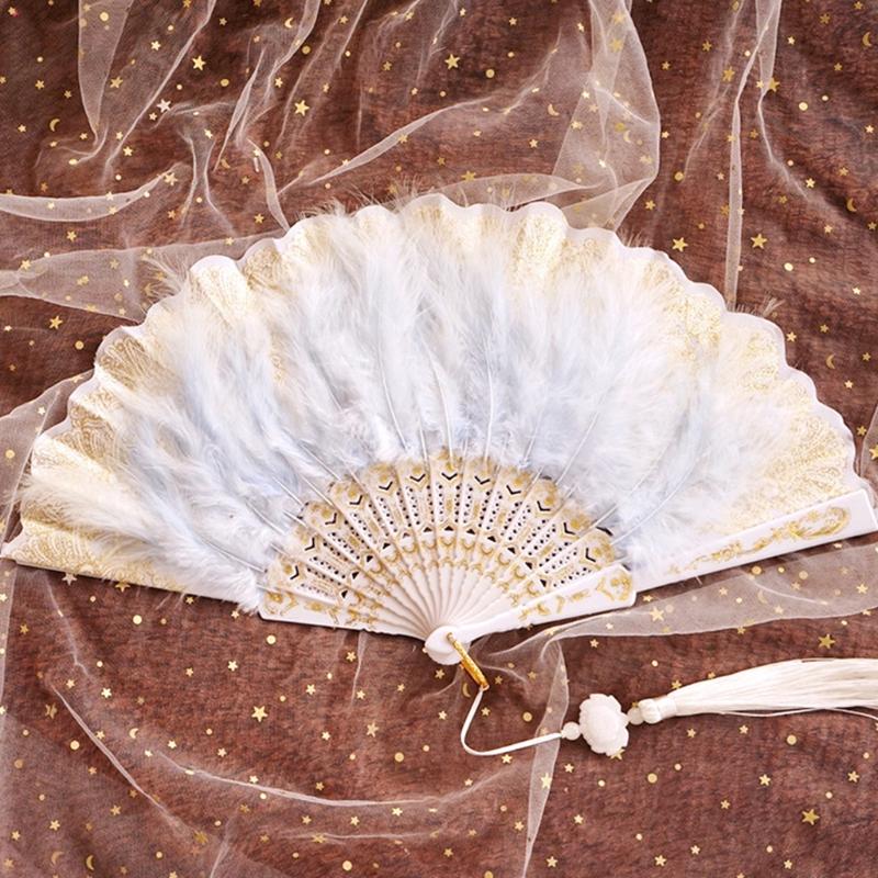 Wedding Feather Hand Fan Handmade Retro Lace Feather Fans for Wedding Party Gift Chinese Luxurious Wedding Decoration