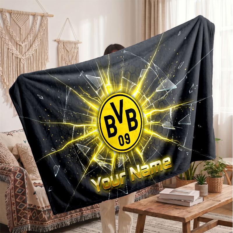 Couverture en polaire personnalisée Borussia Dortmund avec logo de football, texte de nom personnalisé, couverture d'appoint douce et chaude pour la maison