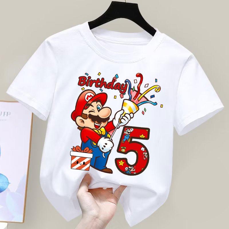 Super Marioes Bros Nummern 1-10 Bedruckte T-Shirts Anime Cartoon Süßes Kurzarm-Oberteil Jungen Mädchen Sommer Baumwolle Rundhals T-Shirt