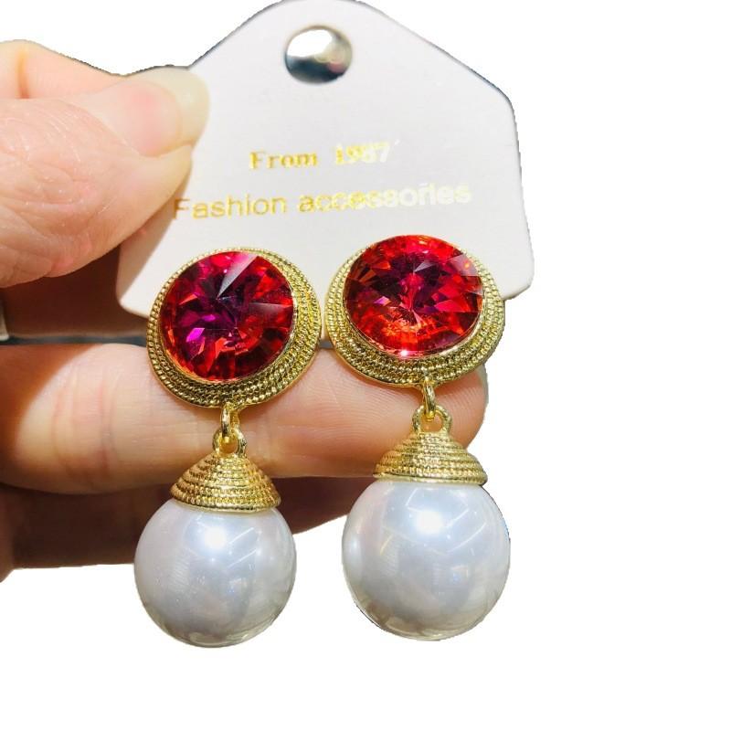 Diamond-inlaid Round Water Drop Light Luxury Jewelry Sets Women Pearl Earrings Versatile High-end Fashion Necklace French Retro