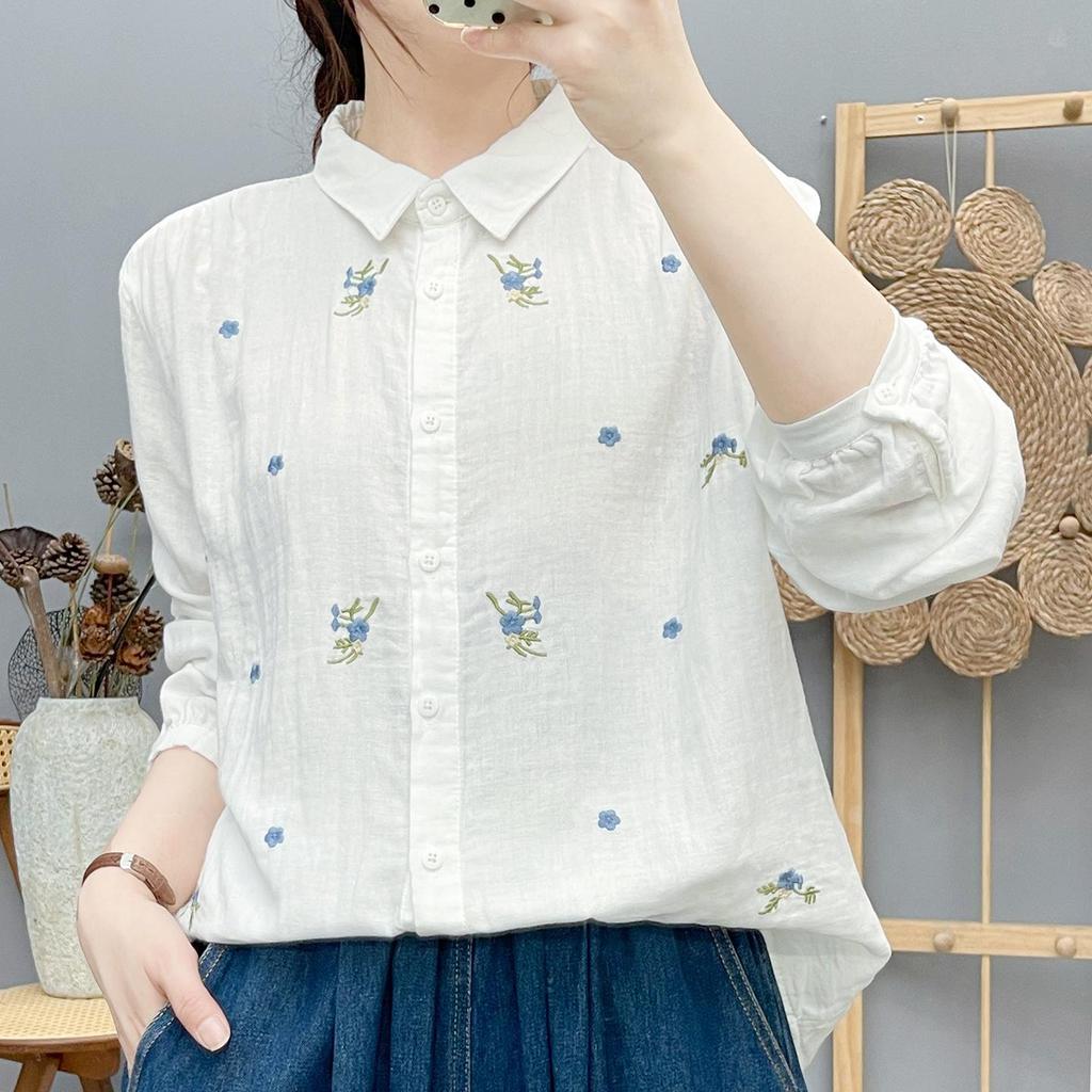 Women's Forest Style Cotton Gauze Shirt: Long Sleeve, Soft, Breathable, with Fresh Floral Embroidery