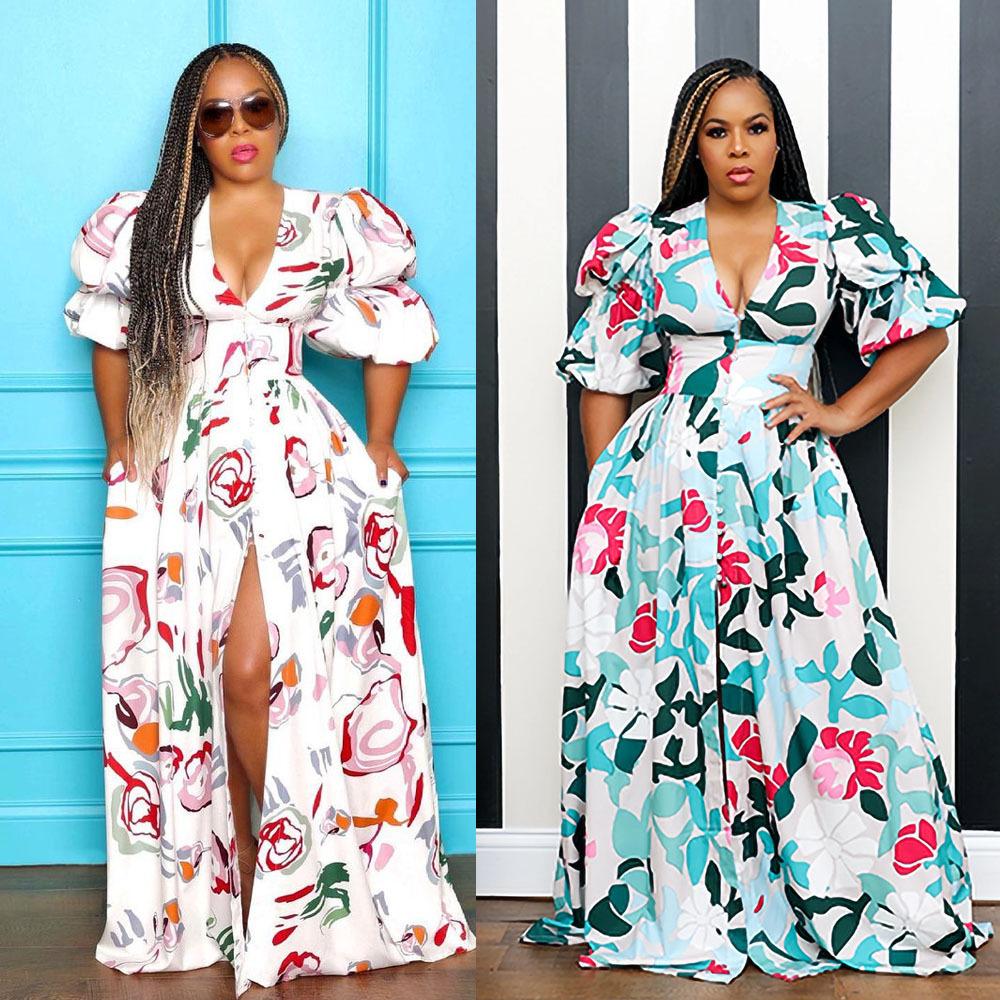 Spring and Summer New European and American Women's Clothing Sexy V-neck Waist Printing Bubble Sleeve Split Dress Long Dress