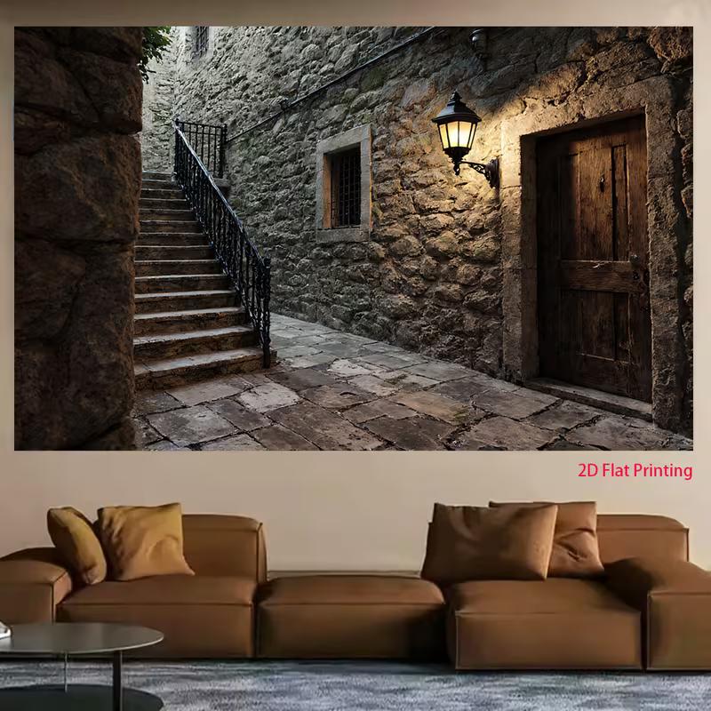2D Dark Corridor Backdrop, Ancient Stone Alley with Lantern Party Background Cloth