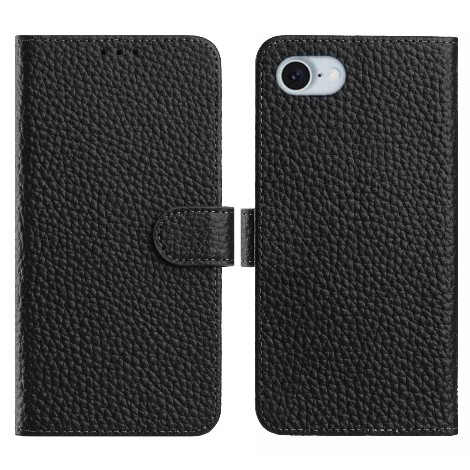 

For iPhone 16e Case Wallet Stand Litchi Texture Genuine Cow Leather Flip Phone Cover Black