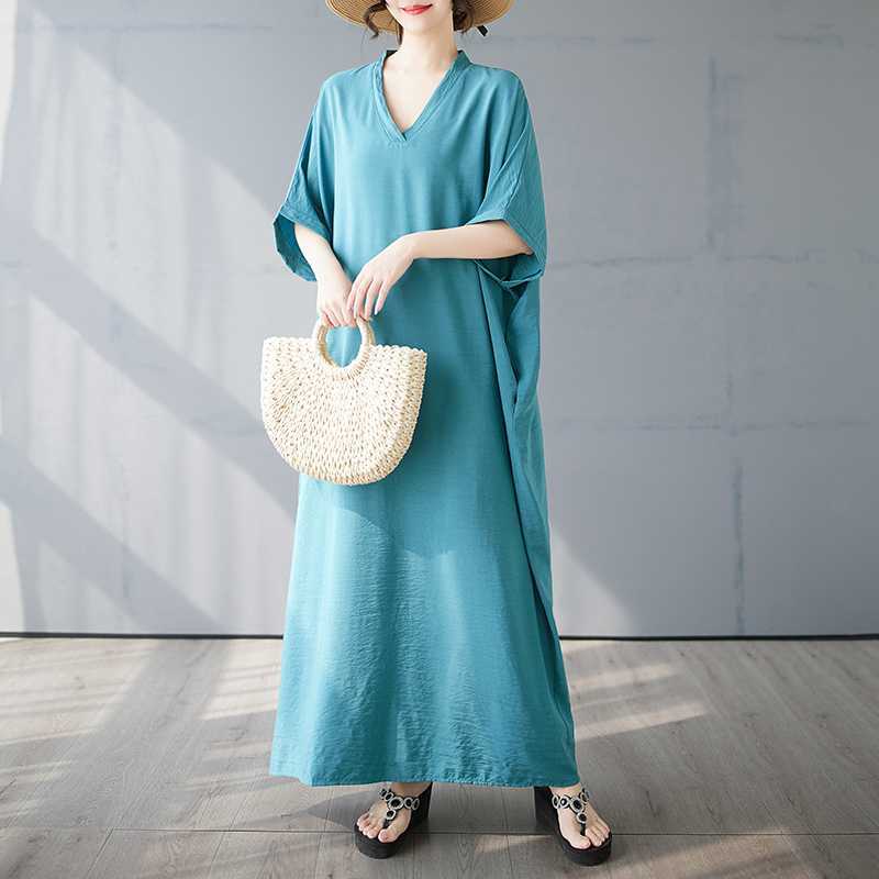 Summer Color V-neck Retro Long Skirt Cotton Linen Dress