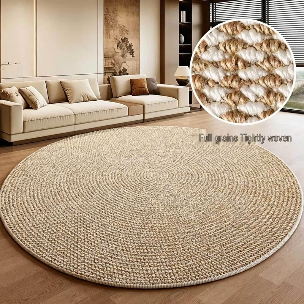 Retro-Style Round Imitation Jute Living Room & Bedroom Carpet, Machine Washable Floor Mat
