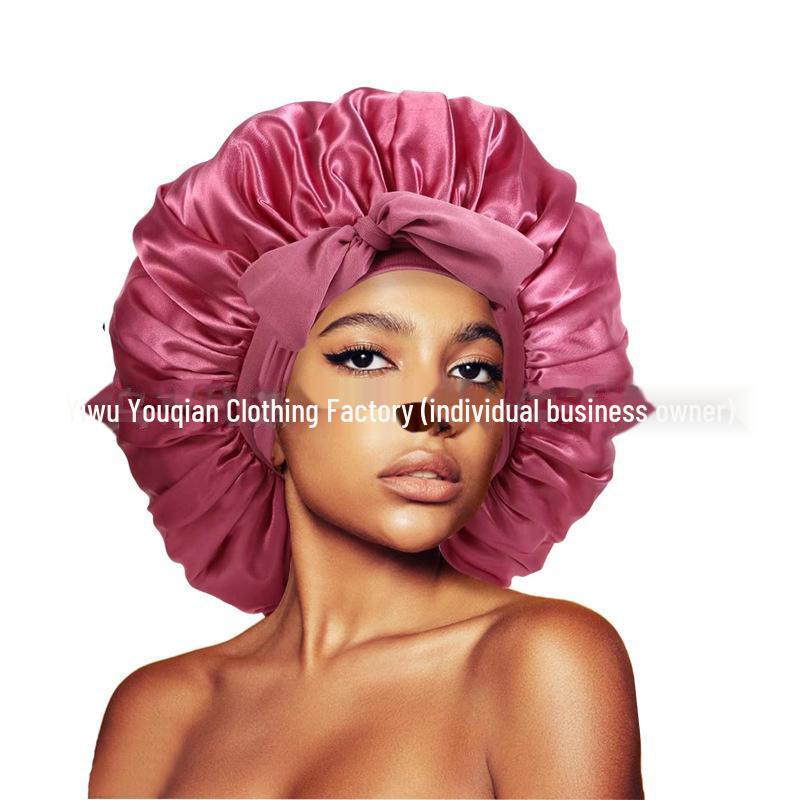 Elastische Schlaf- und Duschhaube aus Satin mit breiter Krempe für Damen – einfarbig, Größe L