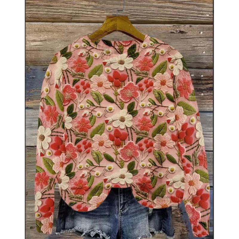 Spot 3D Printed Women's Floral Pattern Pullover Hoodie Without Hat Casual Loose Long Sleeved Top