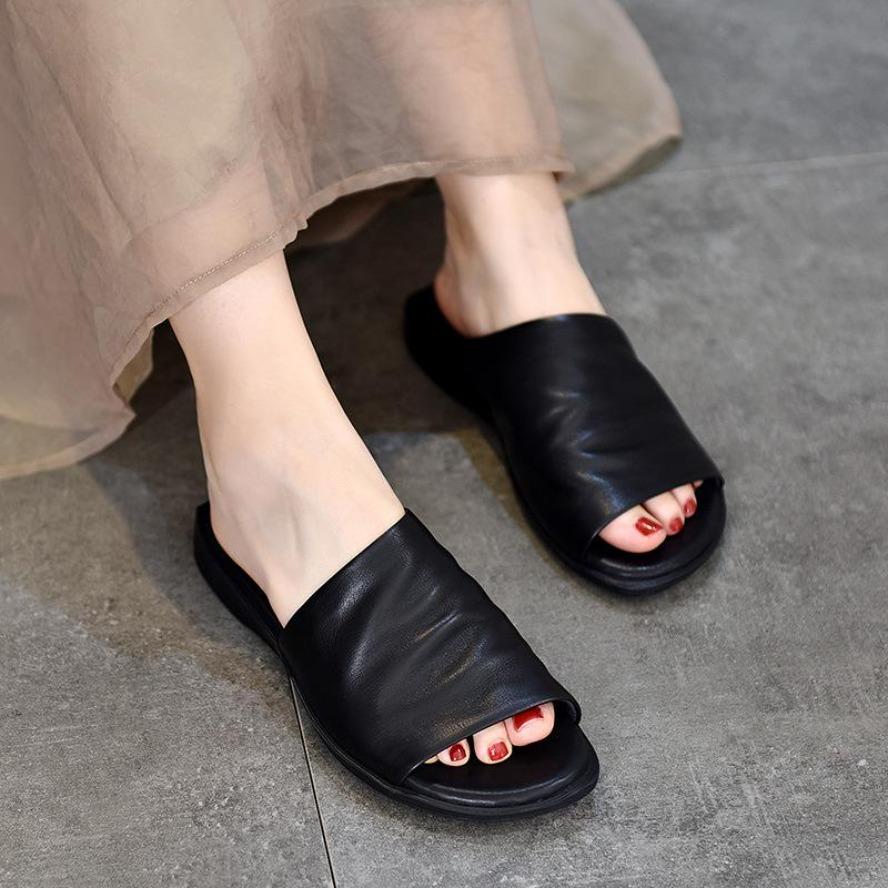 Women Retro Cowhide Flat Sandals Versatile Handmade Fish Mouth Slippers Casual Summer