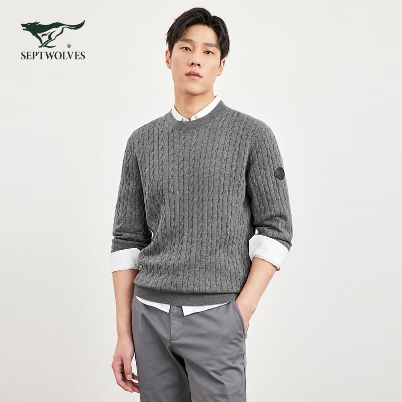 SEPTWOLVES Men's Cable Knit Round Neck Wool Sweater