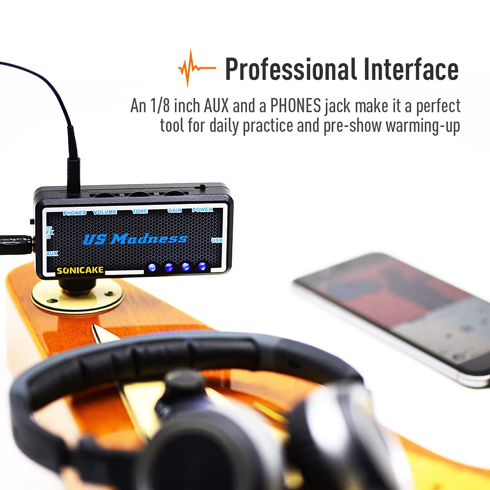 SONICAKE Mini Guitar Headphone Amplifier with Built-in Chorus Effect, USB Rechargeable, US Madness