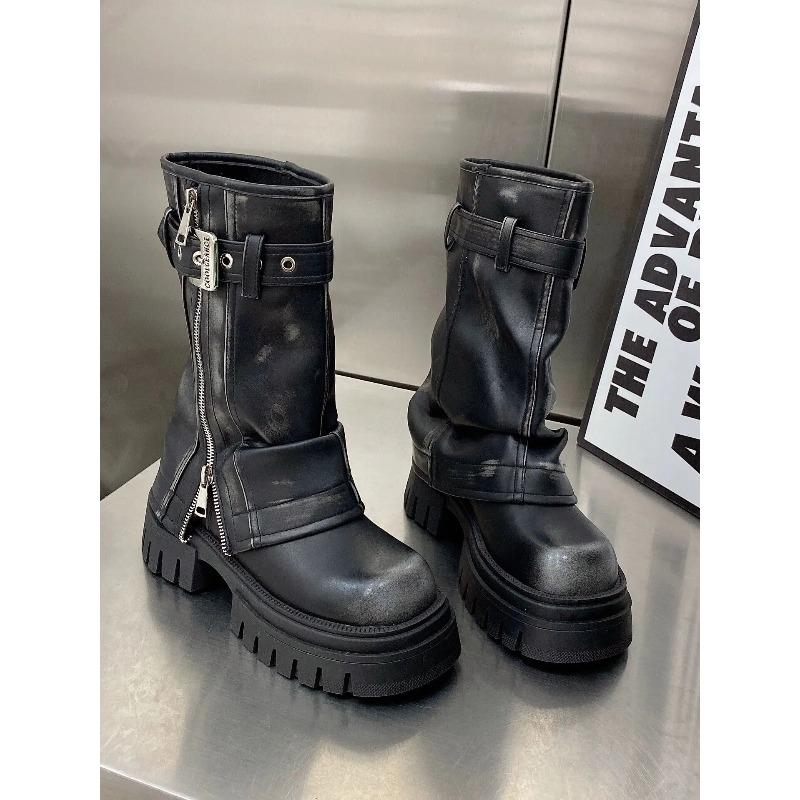 Women Fashion Boots European Leather Square Toe Maillard Western Cowboy Thick Soled Boots Motorcycle Short Boots