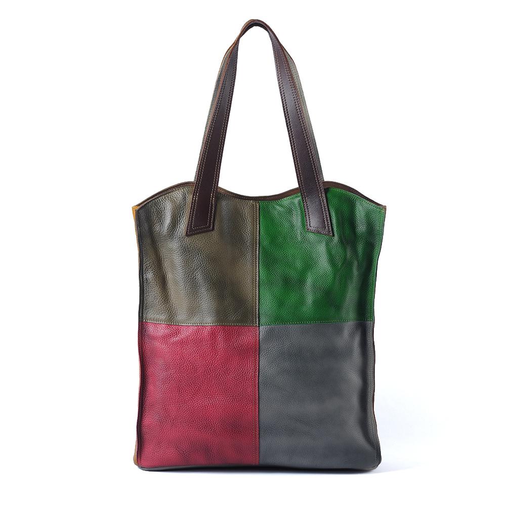 Umhängetasche aus echtem Leder im Retro-Stil für Damen, kontrastfarbene karierte Tasche mit großem Fassungsvermögen, lässig, bunte Nähte