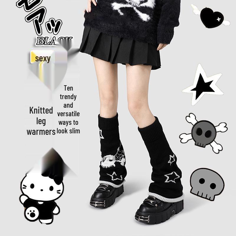 Knit Skull Lace-Up Wide Flare Leg Warmers for Women