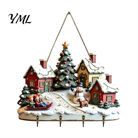 Winter Scene Home Decoration Christmas Village Wooden Wall Hanging, Snow House Snowman Plaque, 4 Hook Entryway Organization Supplies Mount Key Holder,