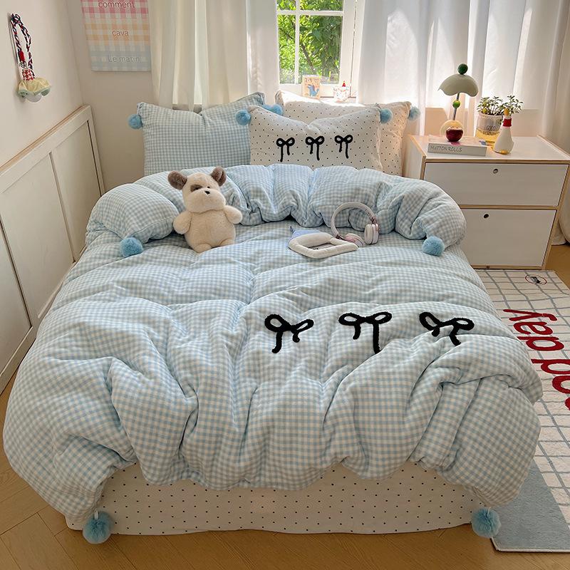 Girl Sweetheart Bow Embroidery Towel Embroidery Printing Thickened Milk Fleece Four-Piece Set