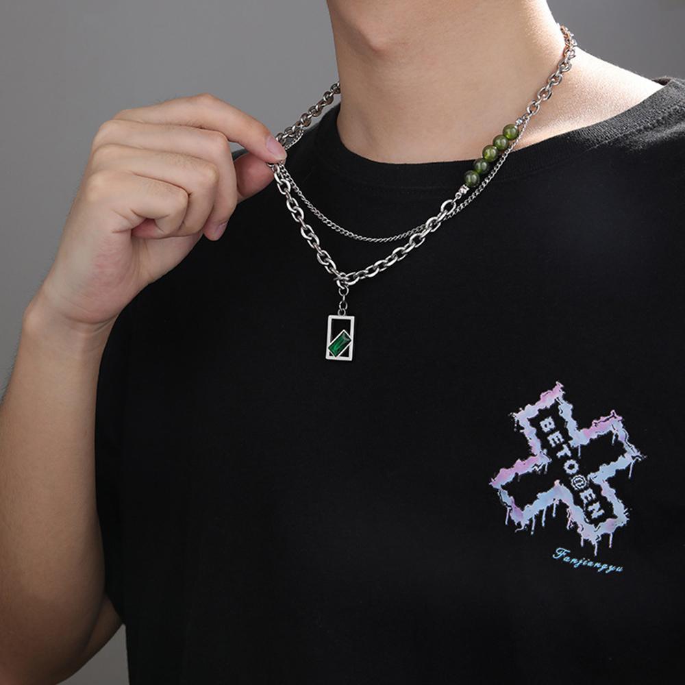 Fashion Double Layer Chain Stainless Steel Male Necklace Green Crystal Pendant Necklace Man Party Jewelry Gift Friends