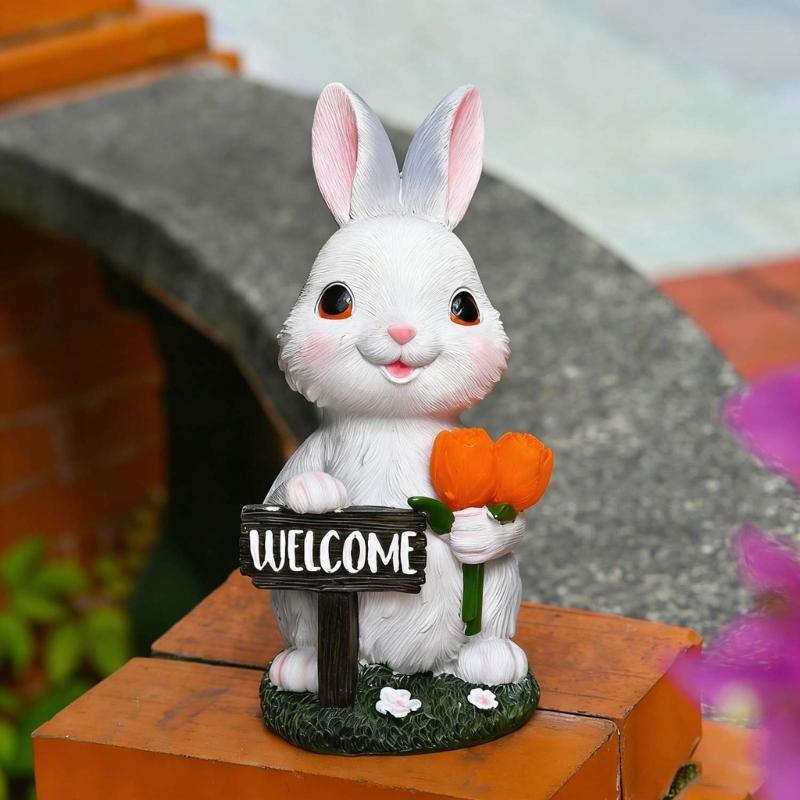 Solar Garden Rabbit Statues Outdoor Bunnies Figurine Decorations for Patios Yard Lawn Ornament Easter Housewarmings Gift