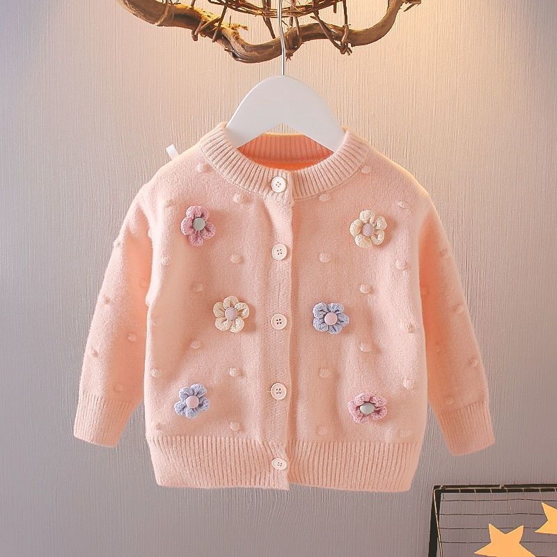 Girls Flower Sweater Cardigan Spring and Autumn Children Fashion Knitwear