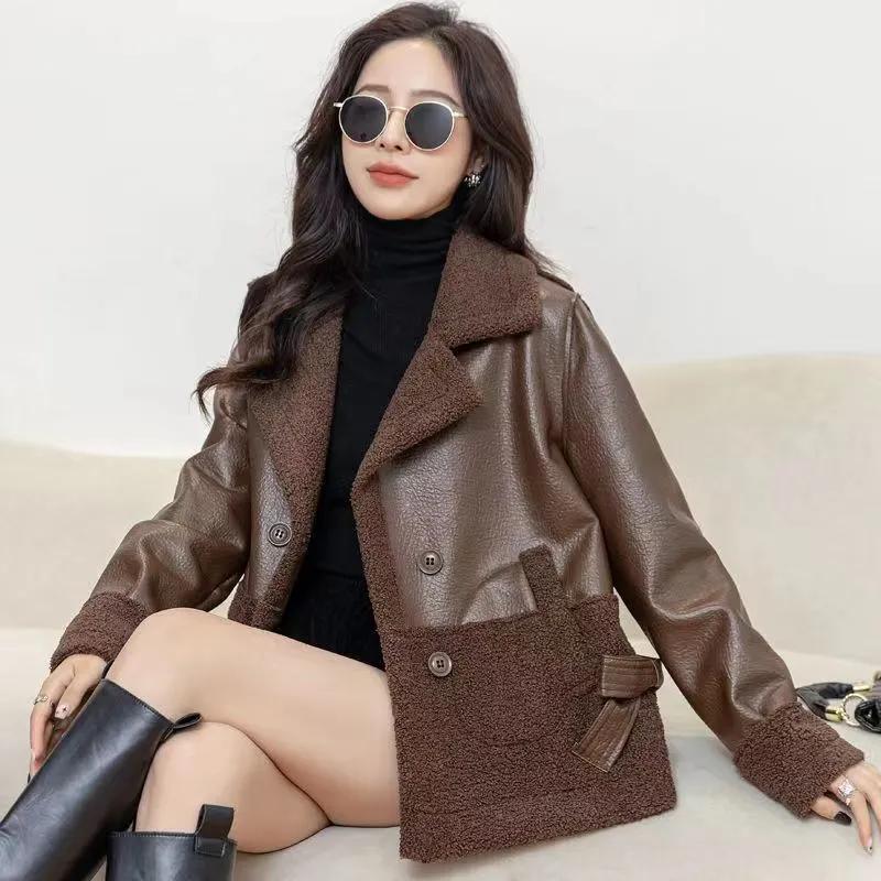 Leather Women's Plus Velvet Thickened Autumn and Winter Wear Loose Winter Western Style Short Ladies Leather Jacket on Both Sides
