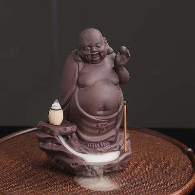 Maitreya Buddha Lucky Home Ornamente Lila Ton Wasserfall Rückfluss Weihrauch Brenner Weihrauch Stick Halter Räuchergefäß