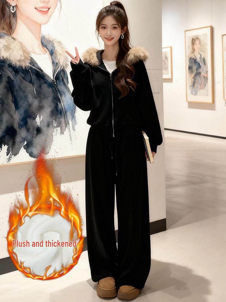 

European Retro Hooded Fur Collar Women s Winter Jacket with Wide Leg Pants L