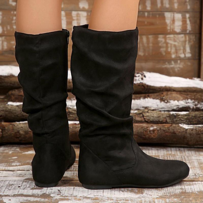 Autumn Winter Pink Mid Calf Boots Women 2025 Fashion Faux Suede Pleated Boots Woman Plus Size 36-42 Flat Heel Long Botas Mujer