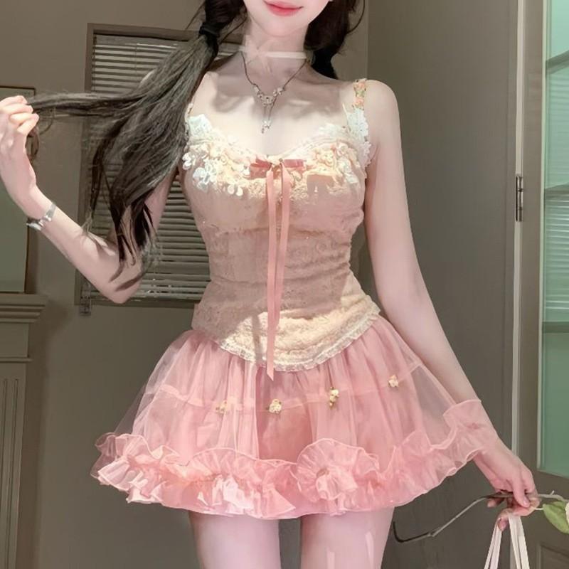 Womens Sweet Heavy-duty 2 Piece Set Floral Corset Crop Top Flared Mini Skirt 2025