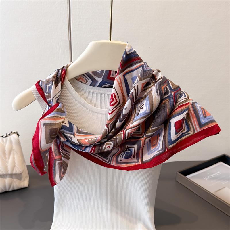 Geometric style herringbone pattern cotton and linen small square scarf silk scarf imitation velvet headscarf shawl sun protection scarf women's scarf