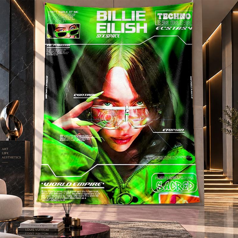 Wandbehang-Gobelin, Stoff-Hintergrund mit Billie Eilish Aufdruck für Schlafsaal-Partydekoration