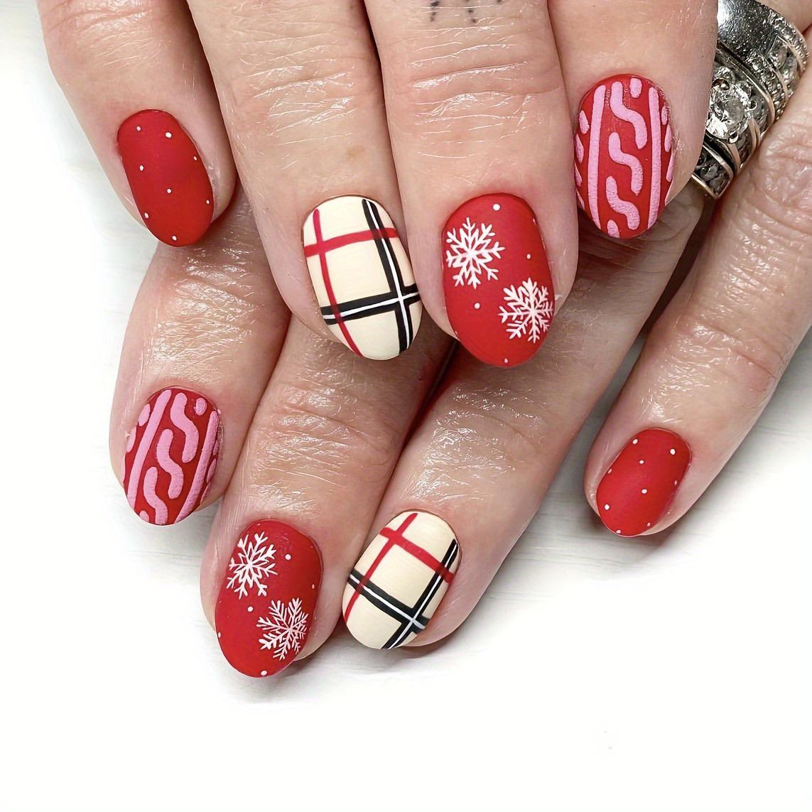

Red Frosted Snowflake Stripe Wearable False Nails for Autumn and Winter