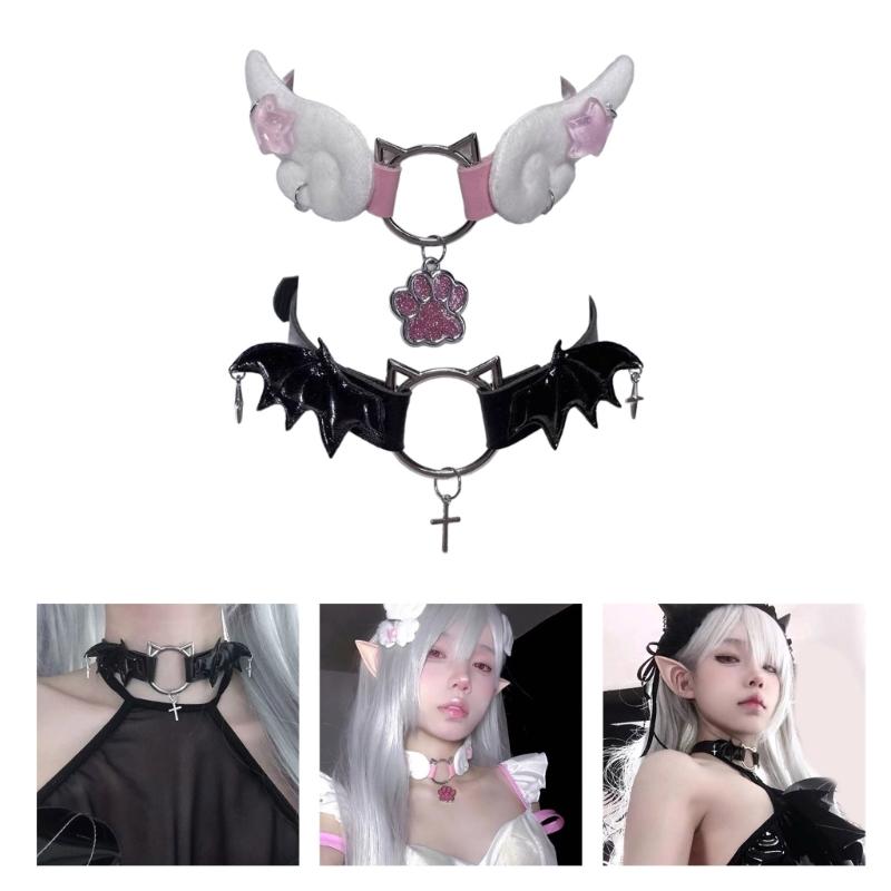 Punk Cat Necklaces Leather Wing Chokers Wing Necklaces Goth Neck Strap Alloy Material Party Accessories for Hot Girls