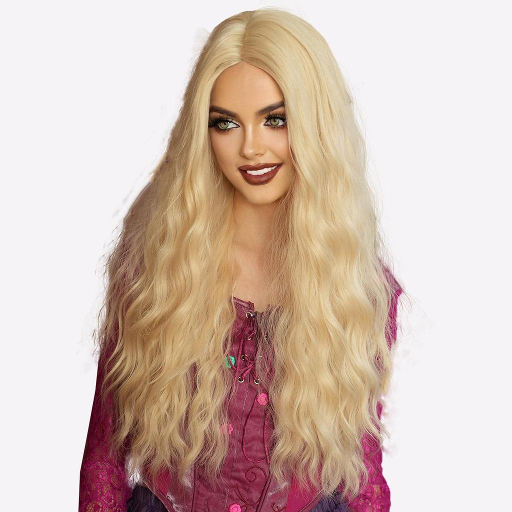 Hocus Pocus Witch Wig -Golden Blonde Wavy Halloween Hair with Middle Part, Premium Cosplay Synthetic Hair for Women, 90s Party Accessories