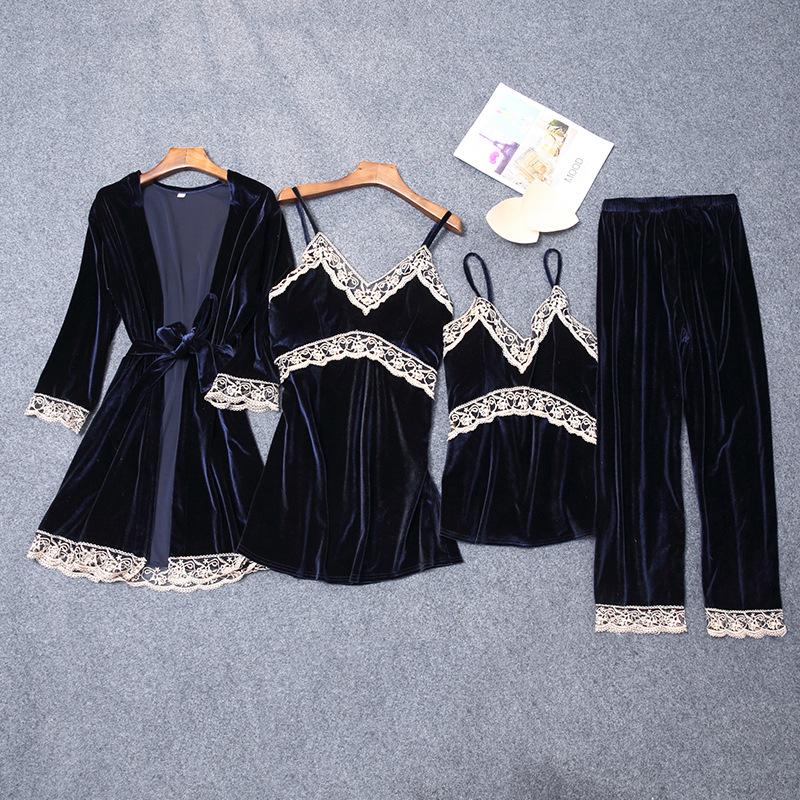 4 Pieces Lace Velvet Pajamas Sets Women Warm Pyjamas Sleepwear Robe Pants Winter Pijamas Bathrobe Sexy Lingerie Autumn Pyjamas