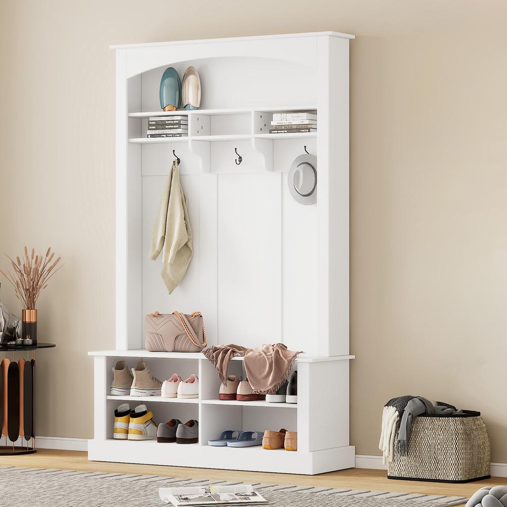 Hallway Wardrobe Coat Rack, Bench, Shoe Cabinet, Open Storage Space, 3 Hooks, Freestanding, Space-saving