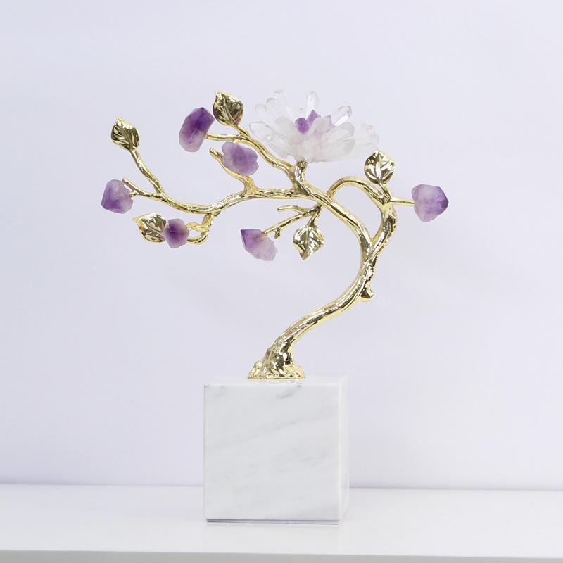 Amethyst Tree Golden Crystal Tree Simulated Plant Sculpture Crystal Flower Decorative Figurines Metal Figurine Home Accessories
