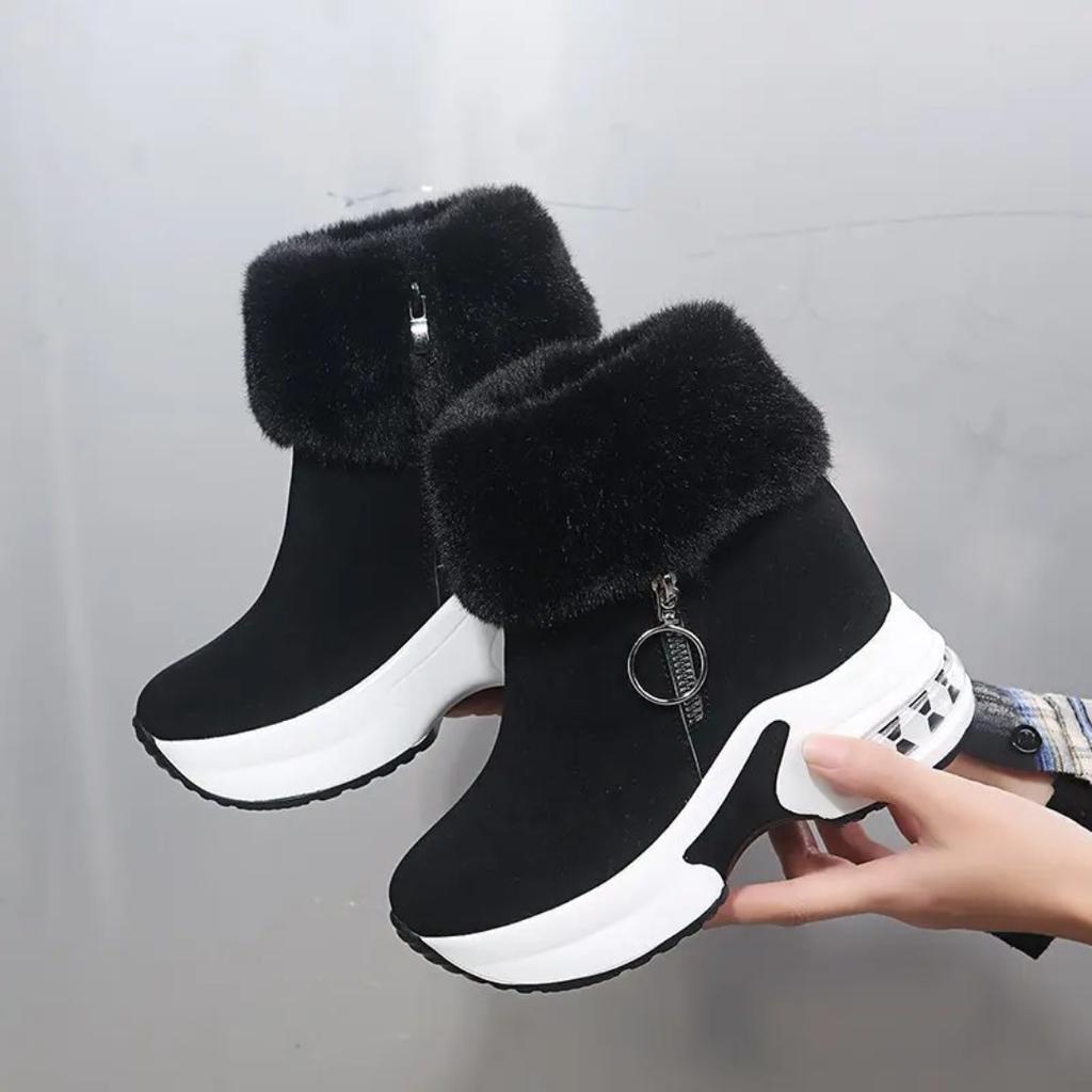 Warme Damen-Wintersportschuhe, Damen-Casual-Push-Edge-Reißverschluss-Kurzstiefel, Damen-Knöchel-Schneestiefel mit Keilabsatz