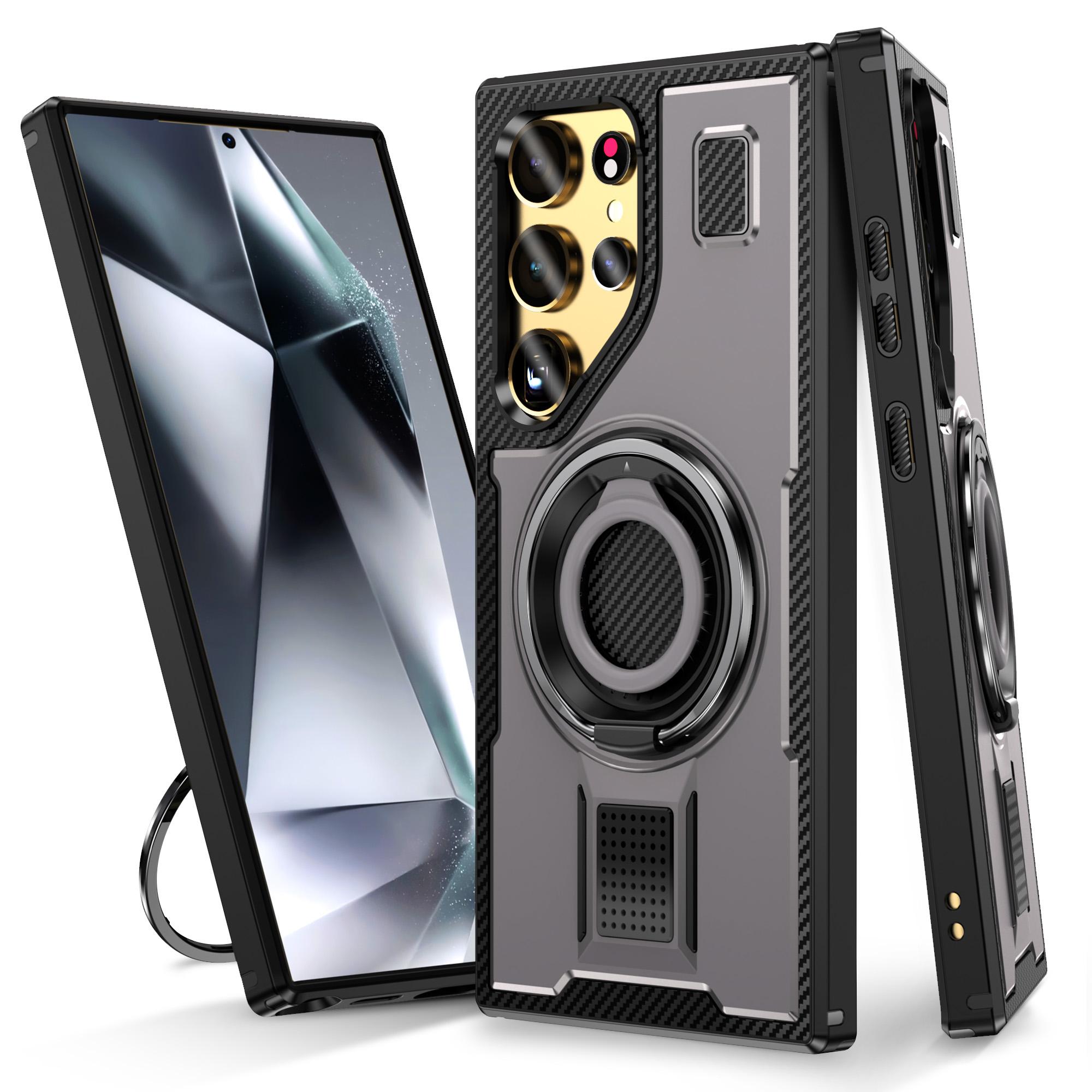 

For Samsung Galaxy S25 Ultra Case TPU+PC Kickstand Phone Cover with Silicone Finger Strap Grey