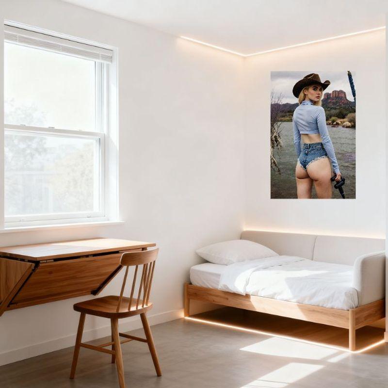 Sexy Woman in Brown Cowboy Hat Outdoor Near Water Rugged Red Rock Tin Sign Vintage Metal Poster for Home Bar Cafe Wall Decor
