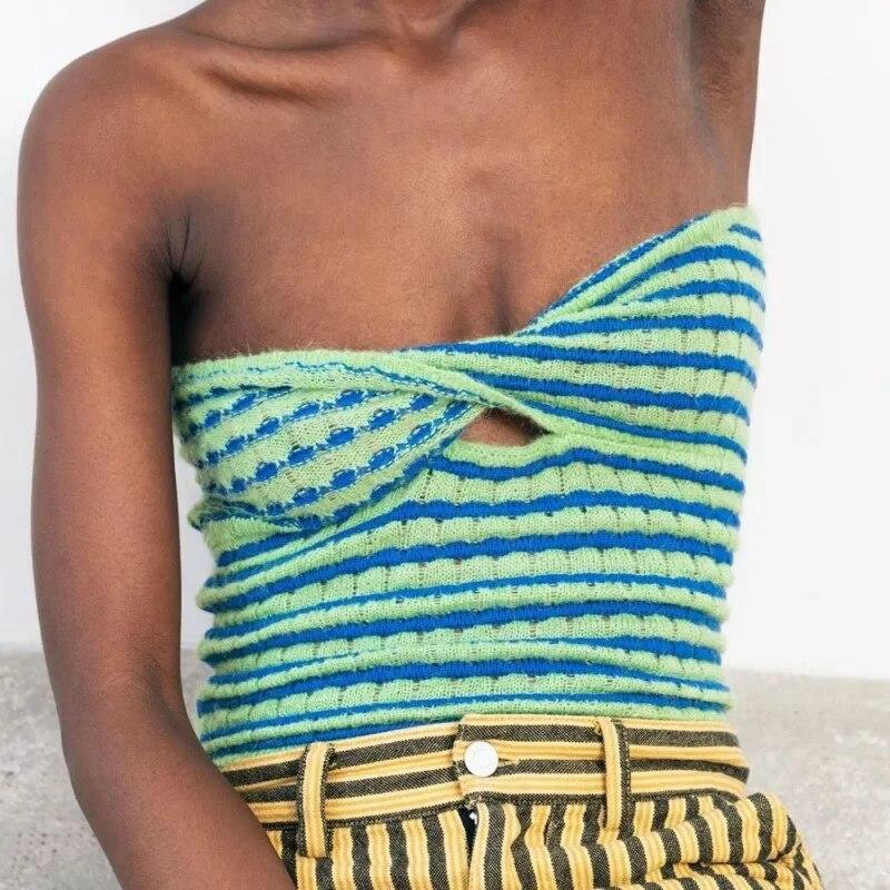 Fashion Hollow Out Striped Knitted Tank Tops Women Summer Vacation Strapless Sexy Crop Tops Y2K Slim Fit Knitears Tanks 30570