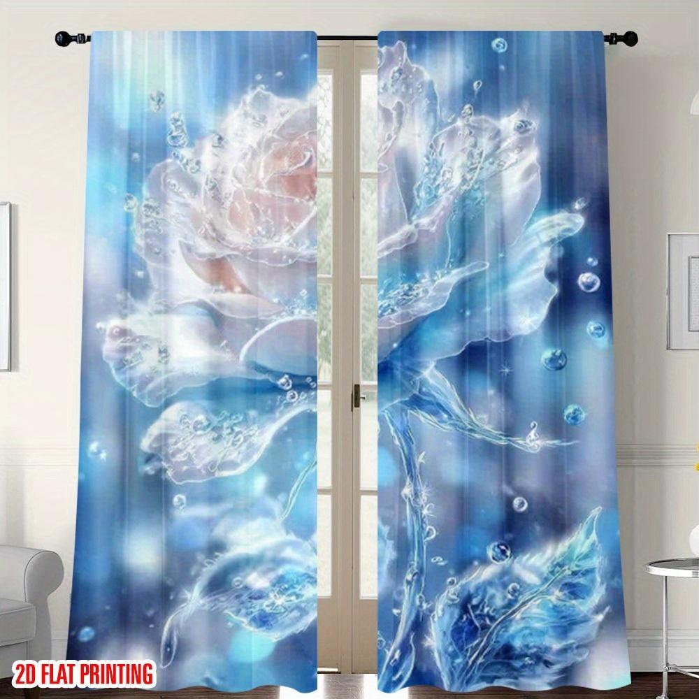 2 Pcs 2D Winter Christmas Curtains – Blue Icy Lake with Roses Print Polyester for Bedroom & Living Room Decor