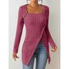 Button Embellished Asymmetric Hem T-Shirt, Casual Ribbed Long Sleeve Top, Spring Autumn, Women's