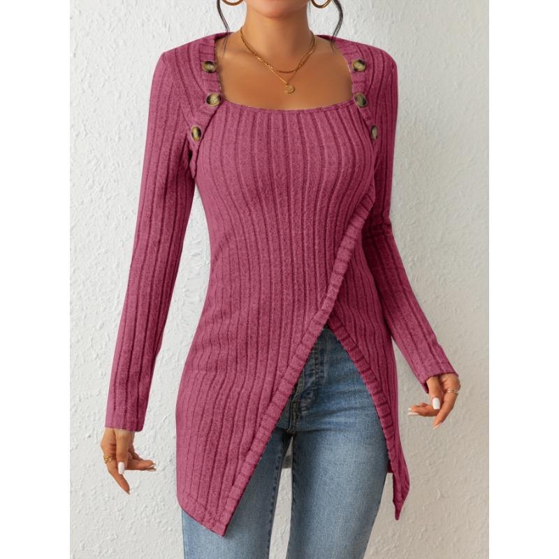Button Embellished Asymmetric Hem T-Shirt, Casual Ribbed Long Sleeve Top, Spring Autumn, Women's